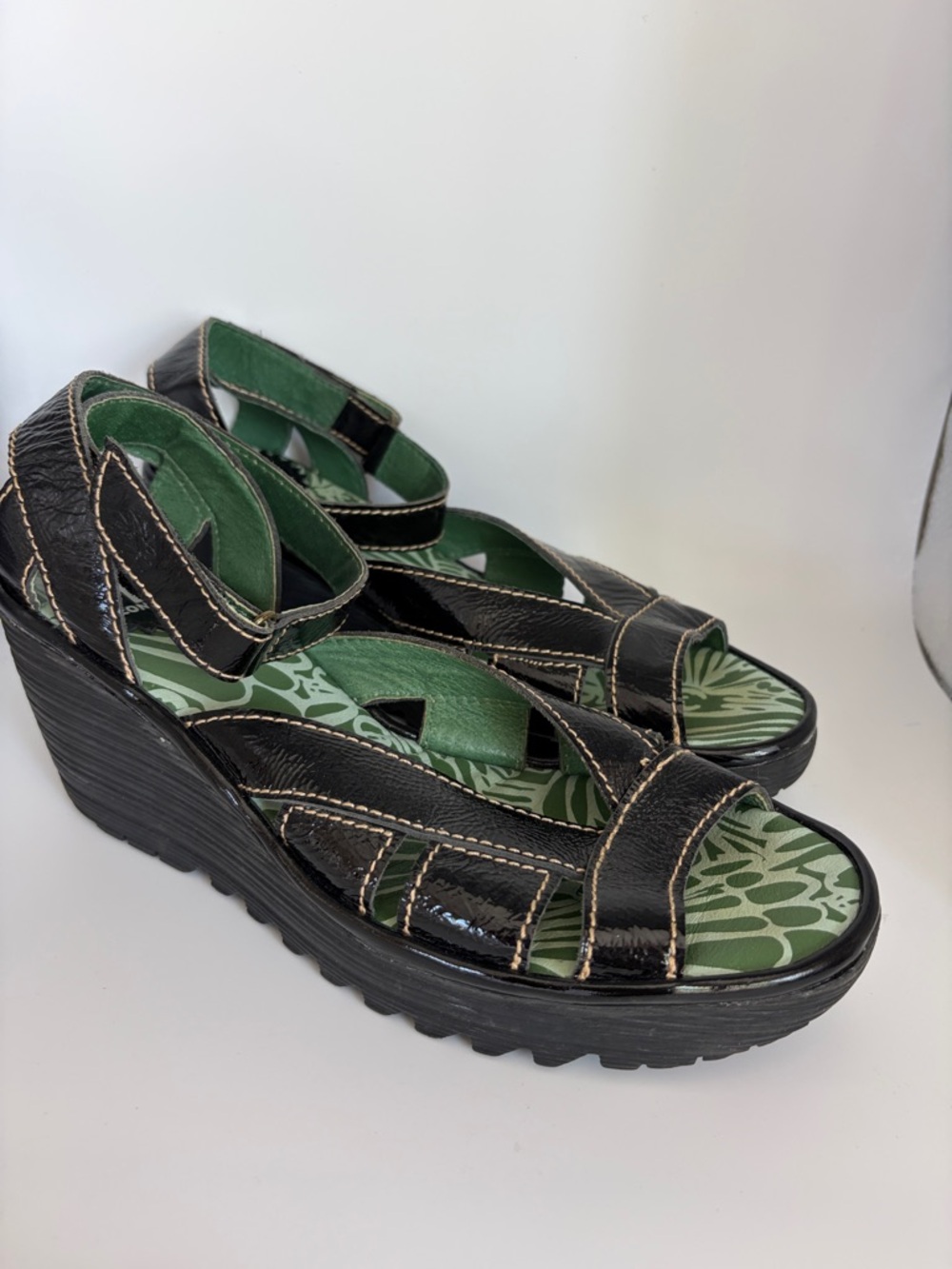 FLY London Black Patent Leather Ankle-Strap Sandals with Green Patterned Footbed